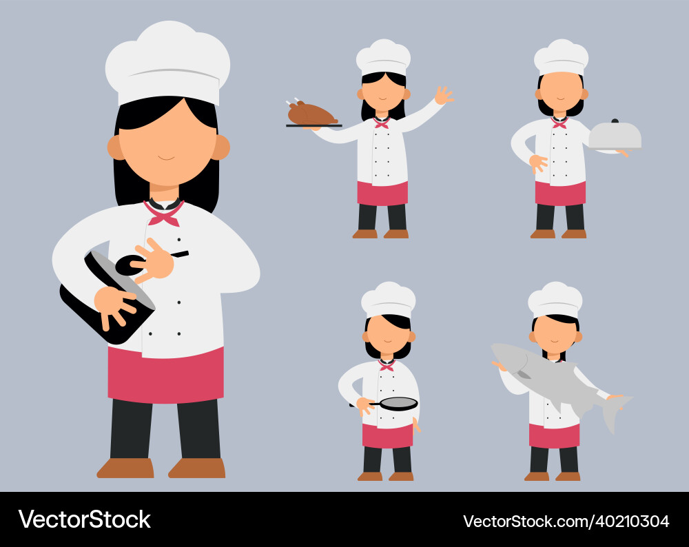 Set of female chef character in different actions Set of female chef character in different actions Vector Image