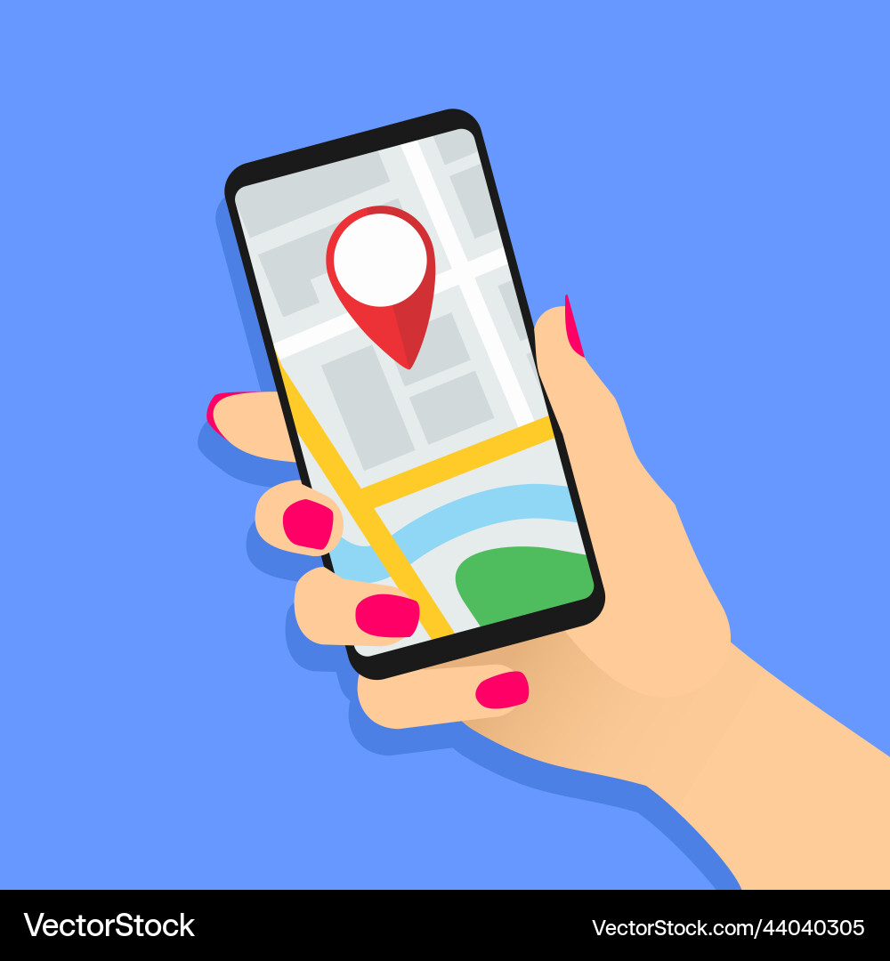 Woman hand holding smartphone with map and marker Woman hand holding smartphone with map and marker vector image