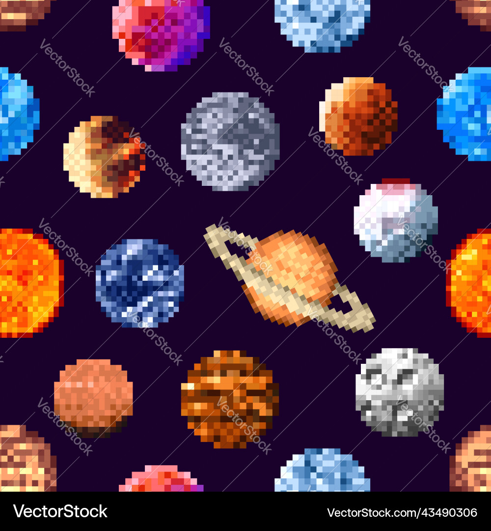 8bit pixel art space planet stars seamless pattern vector image