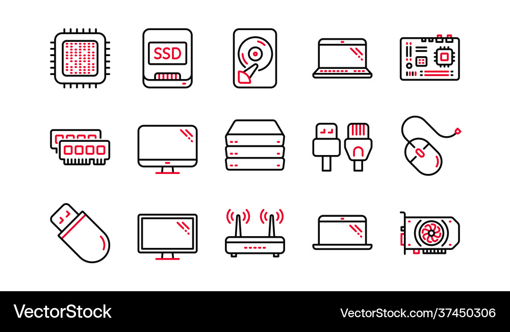 Computer device line icons motherboard cpu vector image