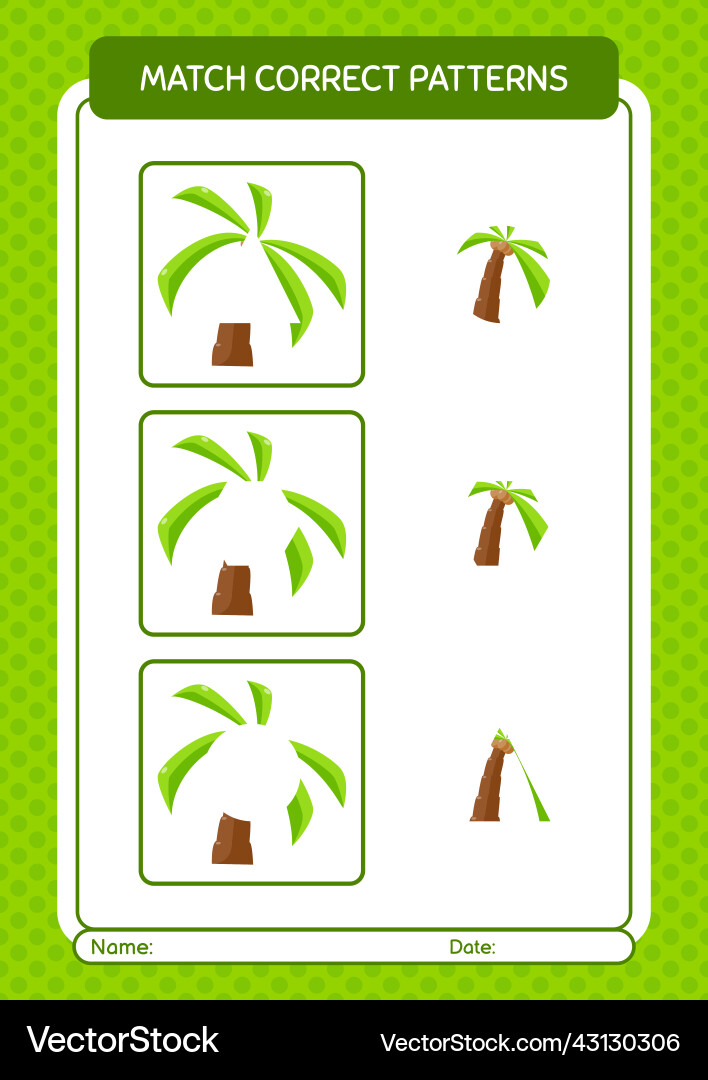 Match pattern game with coconut tree worksheet Match pattern game with coconut tree worksheet Vector Image