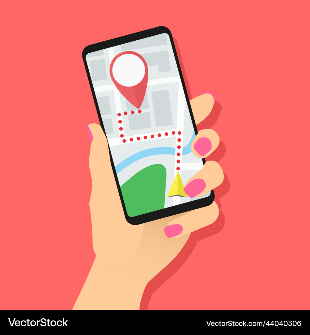 Woman hand holding smartphone with map and marker Woman hand holding smartphone with map and marker vector image