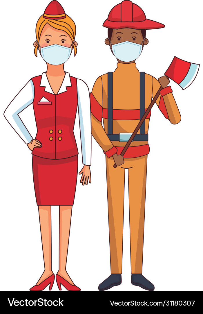 Firefighter and receptionist using face masks Vector Image