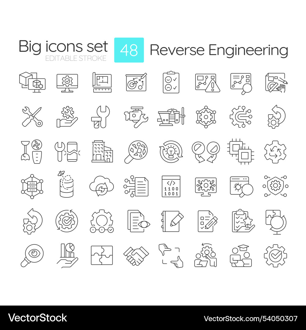 Reverse engineering linear icons set Reverse engineering linear icons set vector image