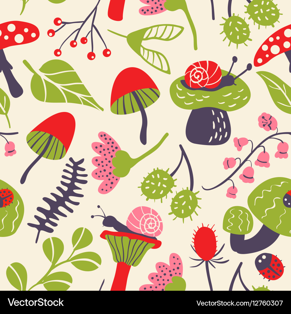 Seamless pattern with mushroom ladybird snail flow vector image
