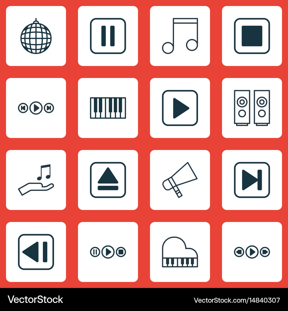 Set of 16 audio icons includes note skip song vector image