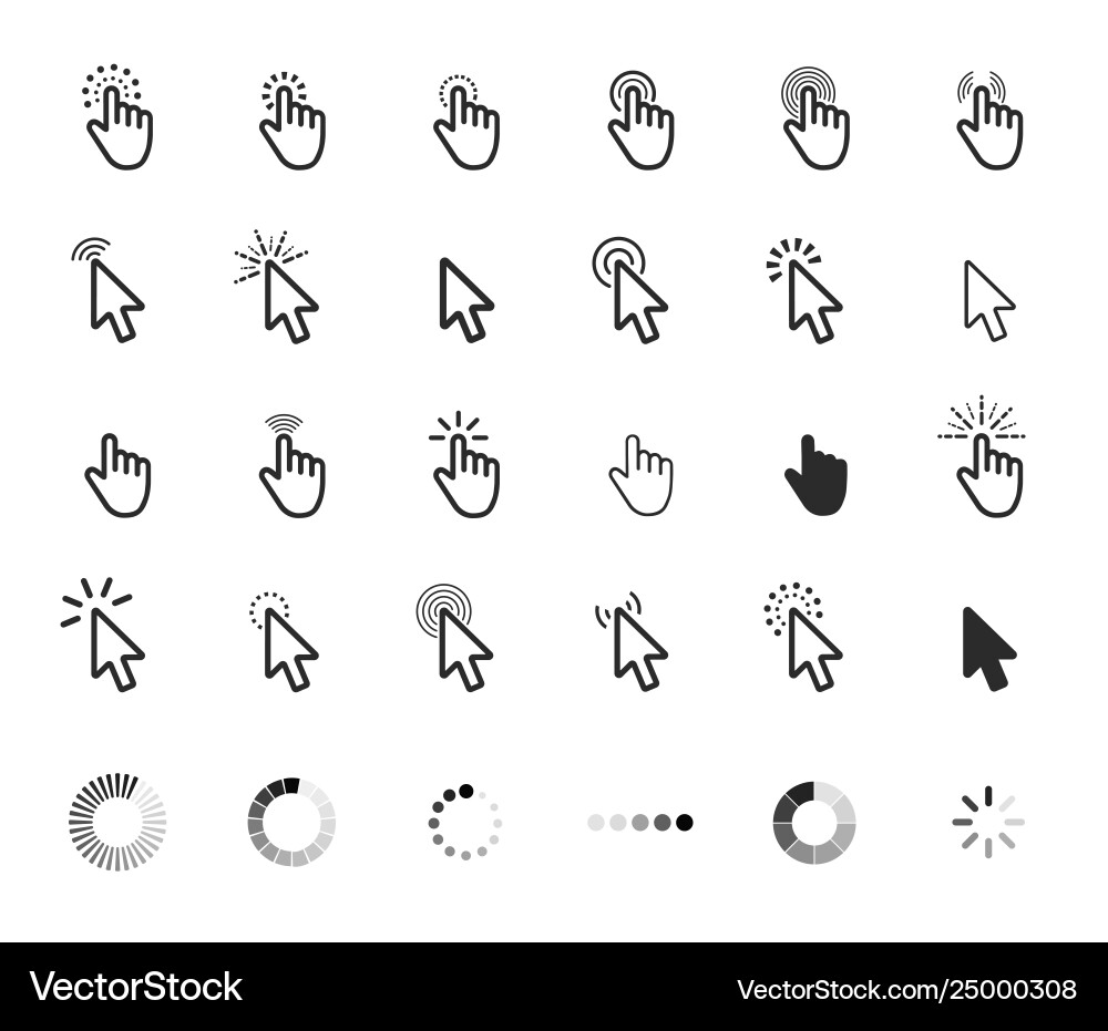 Computer mouse click cursor gray arrow icons set Vector Image