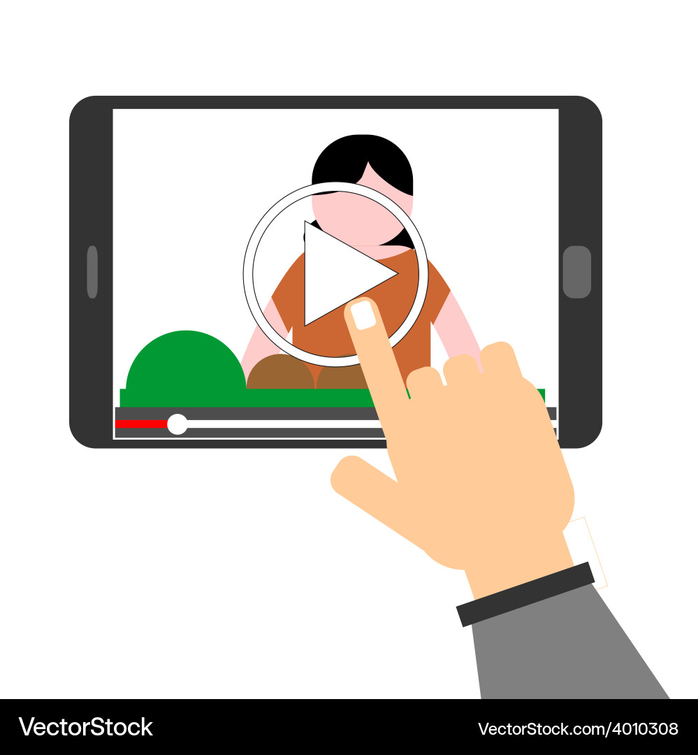 Human hand pointing to play button on a tablet com Vector Image