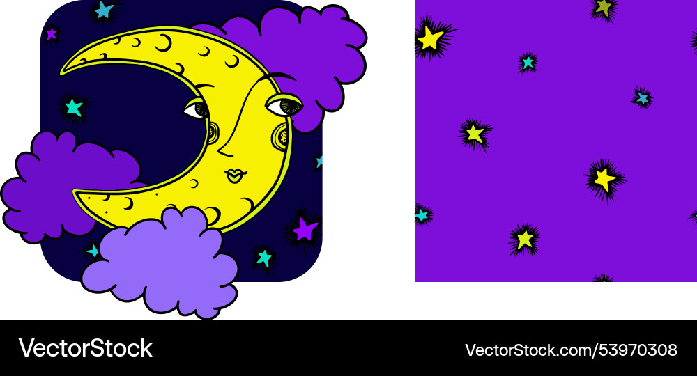 Smiling moon set with star pattern Vector Image