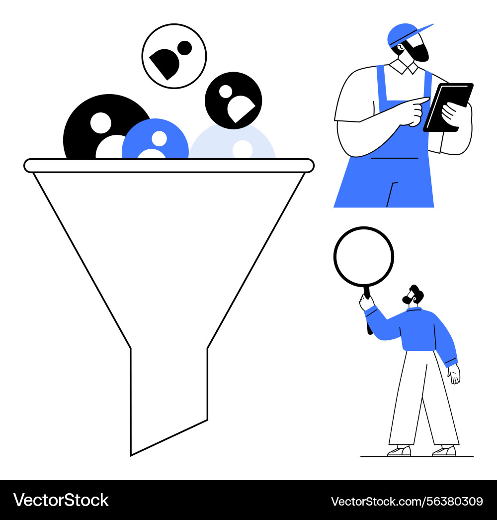 Funnel filtering data with professionals analyzing Funnel filtering data with professionals analyzing Vector Image