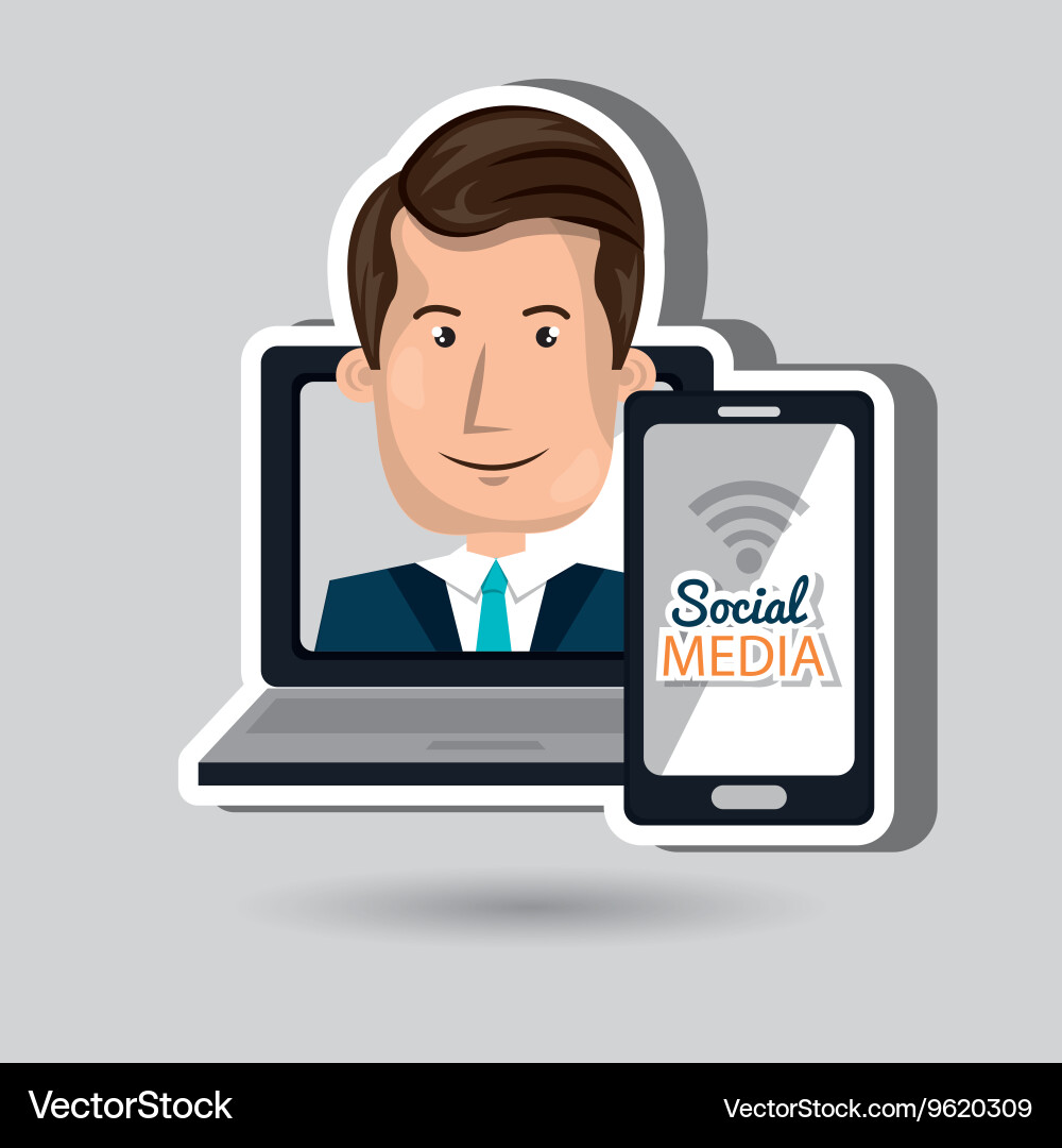 Laptop user with social networking smartphone vector image