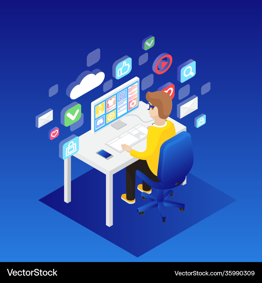 Man working on desktop computer vector image