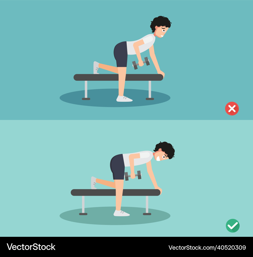 Man wrong and right one arm dumbbell row posture Man wrong and right one arm dumbbell row posture vector image