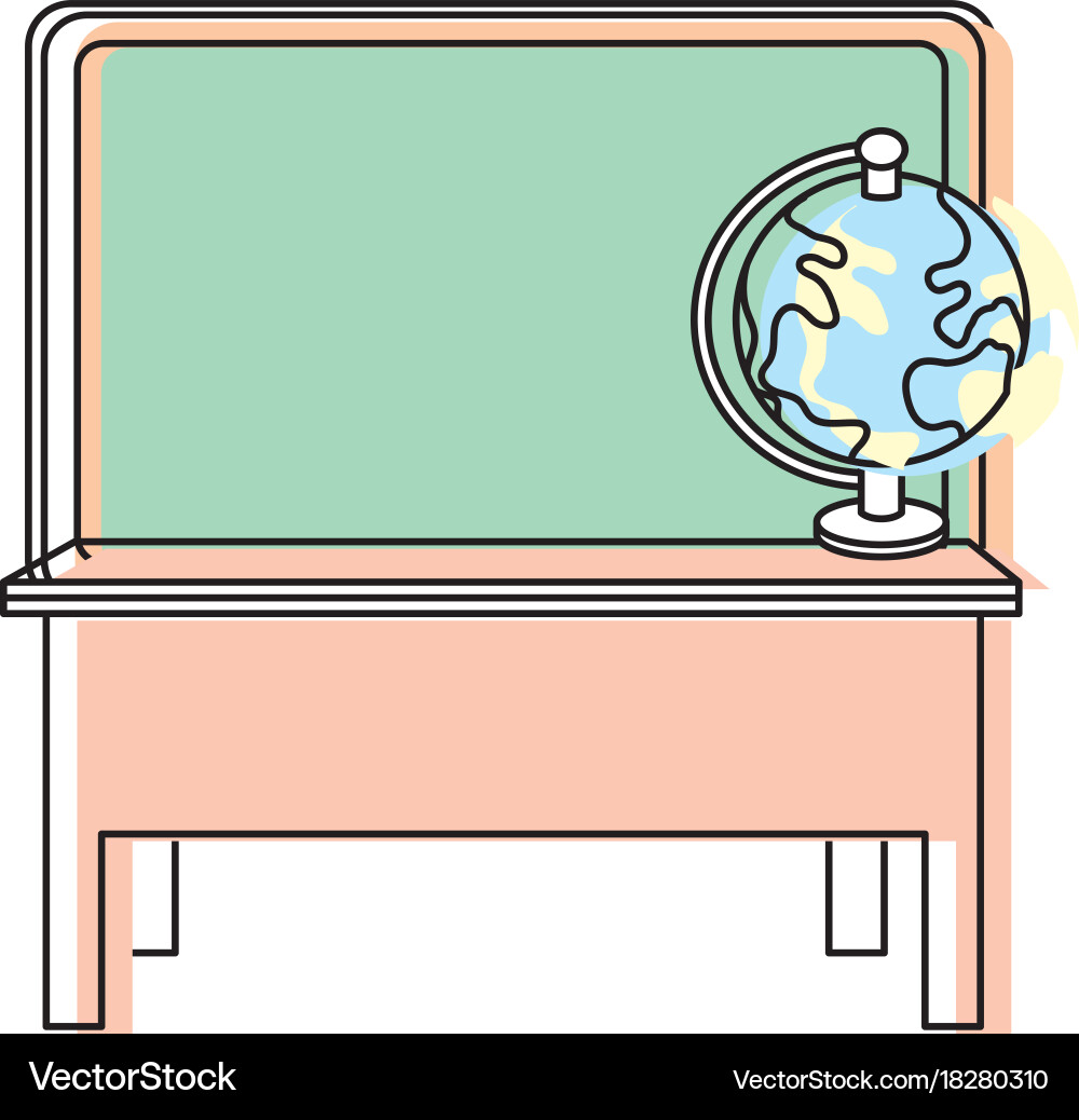 Blackboard object and wood desk with global map Vector Image