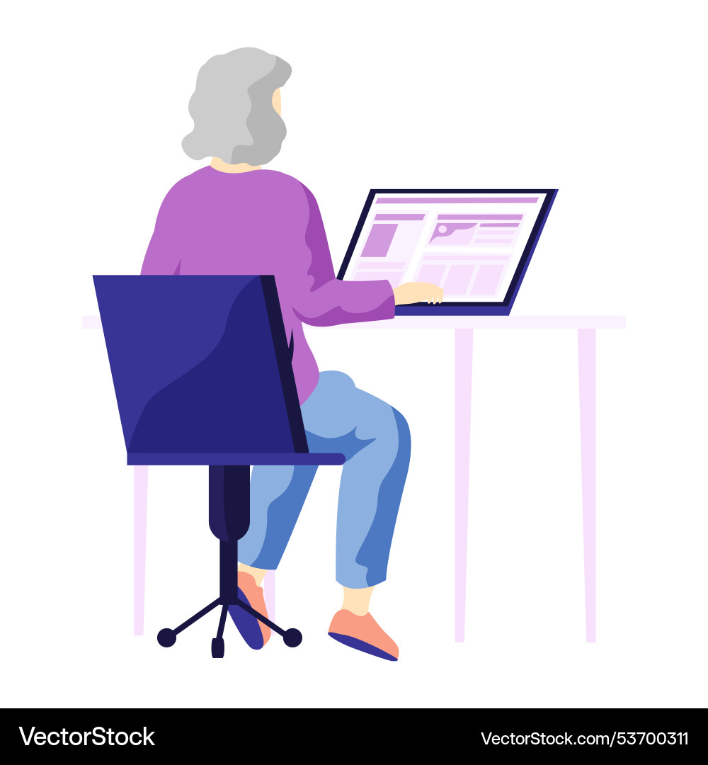 Elderly person using computer at desk Elderly person using computer at desk vector image