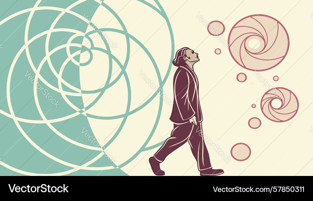 Man walking in abstract swirling pattern design Vector Image