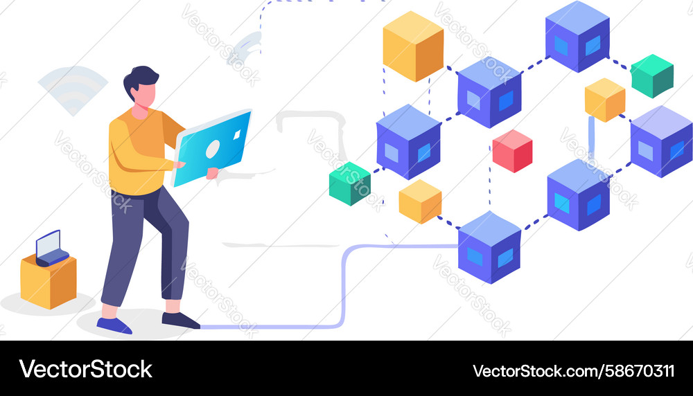 Person interacting with blockchain data cubes Vector Image