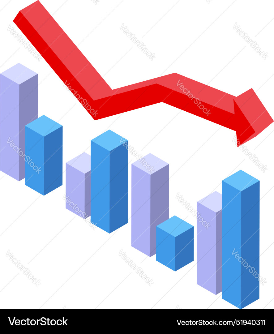 Red arrow pointing down over decreasing graph bars Red arrow pointing down over decreasing graph bars vector image