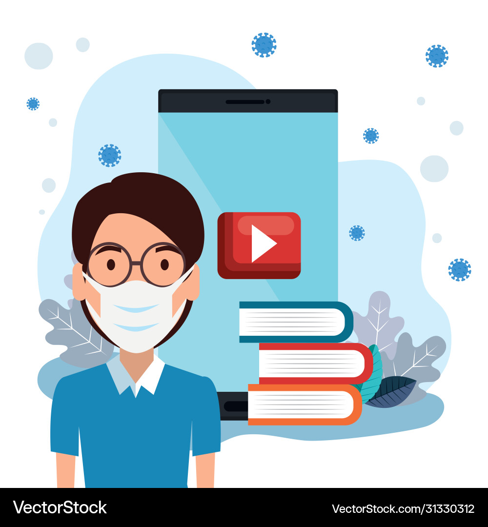 Man using face mask studying online Man using face mask studying online Vector Image