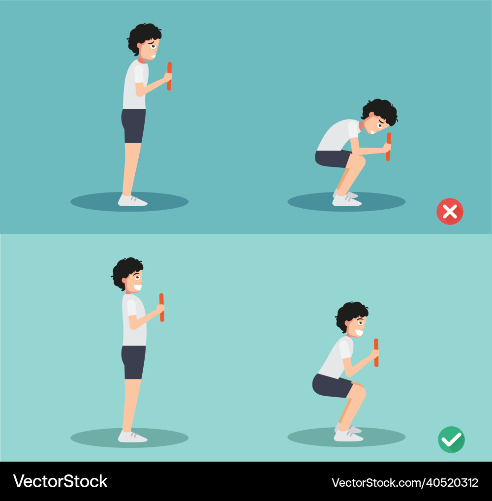 Man wrong and right squat posture Man wrong and right squat posture vector image