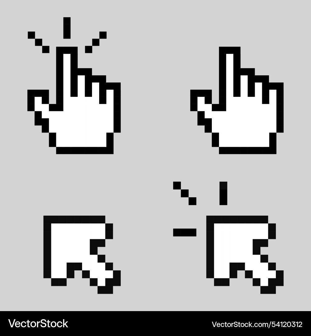 Pixel art cursor and hand icons set retro 8 bit Pixel art cursor and hand icons set retro 8 bit vector image