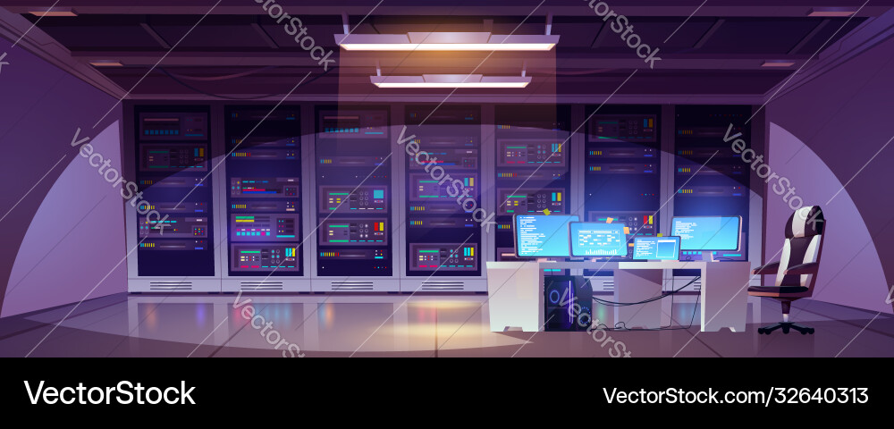 Data center room with server racks and computer Data center room with server racks and computer vector image
