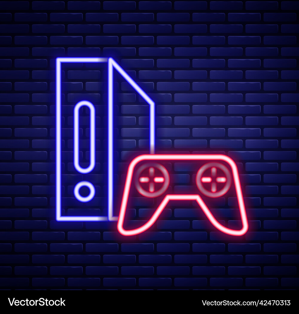 Glowing neon line video game console with joystick Glowing neon line video game console with joystick Vector Image