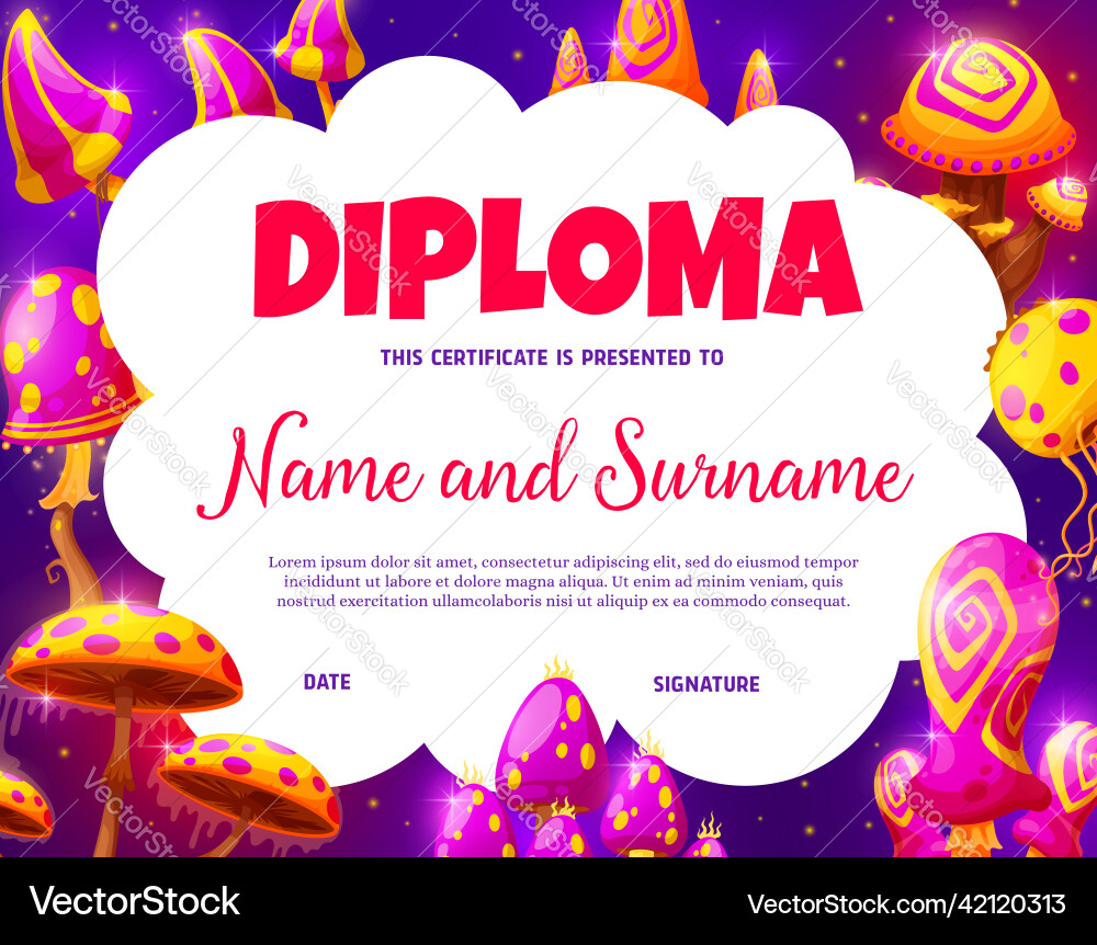 Kids diploma template with cartoon magic mushrooms Kids diploma template with cartoon magic mushrooms vector image