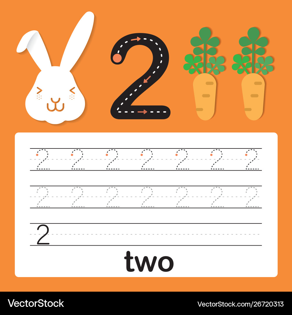 Number two card for kids learn to count and write Number two card for kids learn to count and write vector image