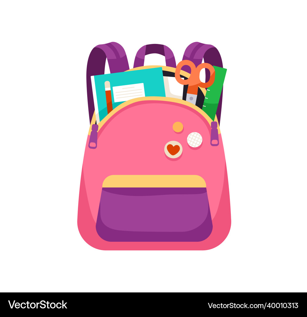 Schoolbag with stationery in open pocket front vector image