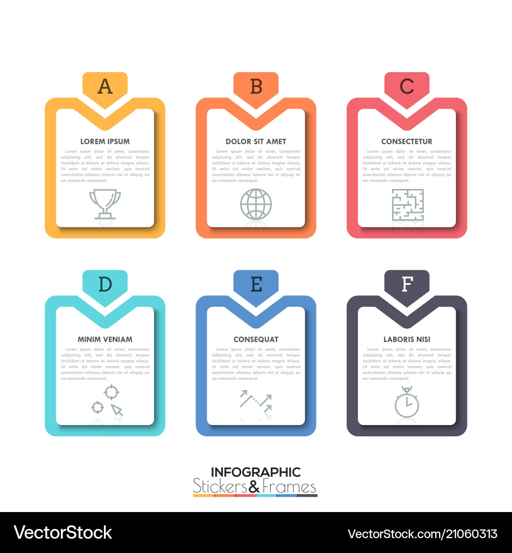 Six colorful rectangular elements with letters Six colorful rectangular elements with letters vector image