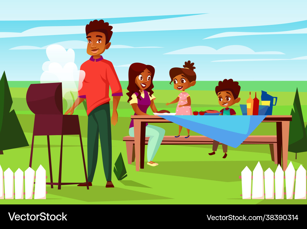 Cartoon african family at picnic bbq party Cartoon african family at picnic bbq party vector image