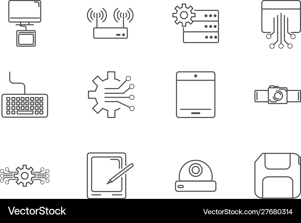 Digital tech circuit board icons set line vector image