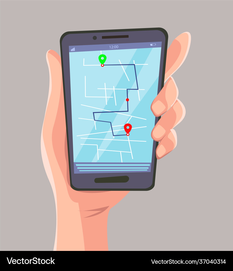 Navigation app with map on mobile phone in hand Navigation app with map on mobile phone in hand vector image