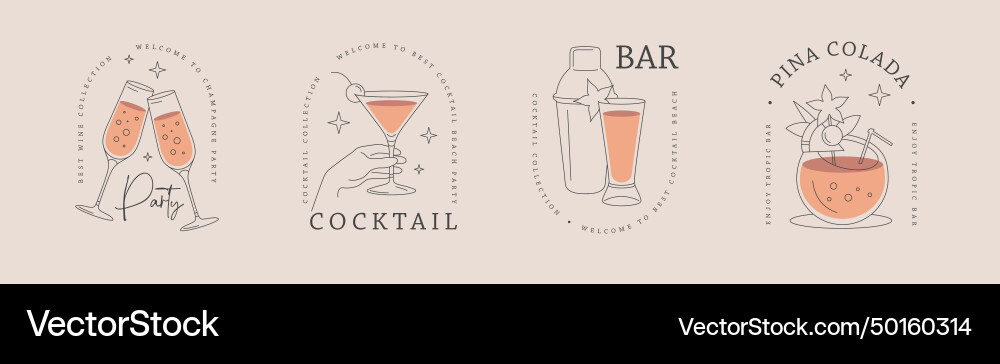 Set of line art labels with different cocktais Set of line art labels with different cocktais Vector Image
