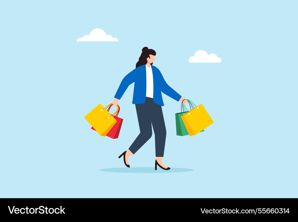Wohnung glückliche Frau Shopper Spaziergang mit Einkaufstasche Wohnung glückliche Frau Shopper Spaziergang mit Einkaufstasche vektorbild