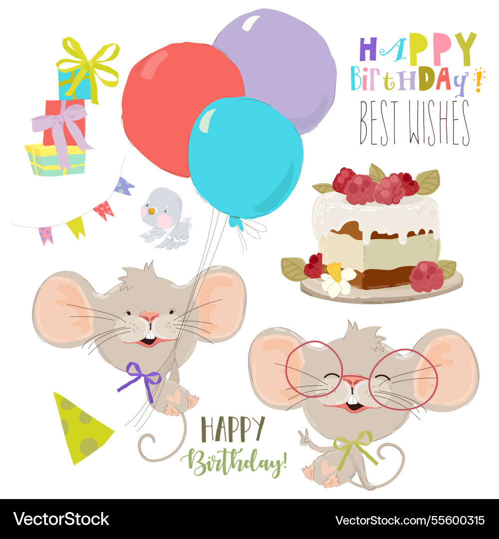 Cartoon Set mit süßen kleinen Maus Geburtstag Kuchen Cartoon Set mit süßen kleinen Maus Geburtstag Kuchen Vektorbild
