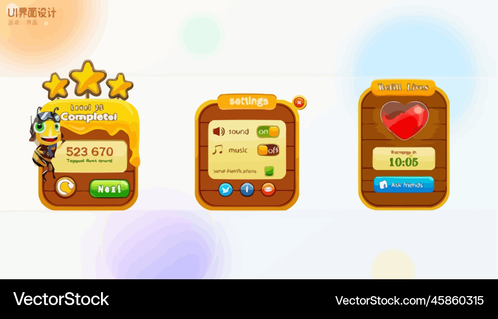 Komplettes Set von Level-Taste Spiel ui Pop-up-Symbol Vektorbild