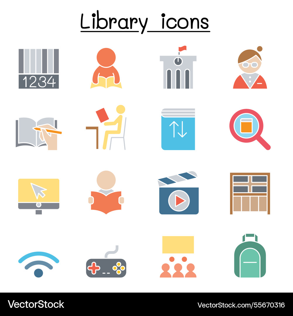 Library icon set in flat color style Library icon set in flat color style Vector Image