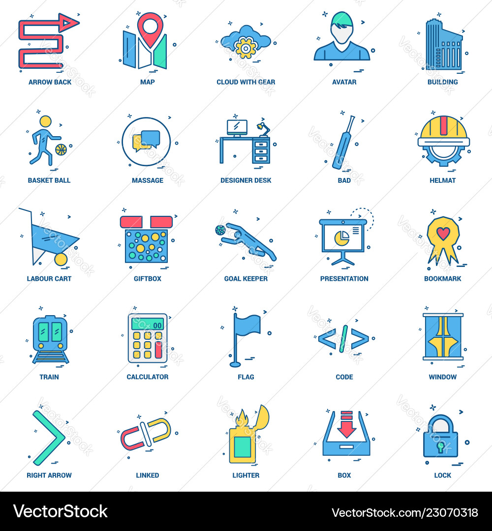 25 Business Konzept Mischung flache Farbe Icon Set Vektorbild