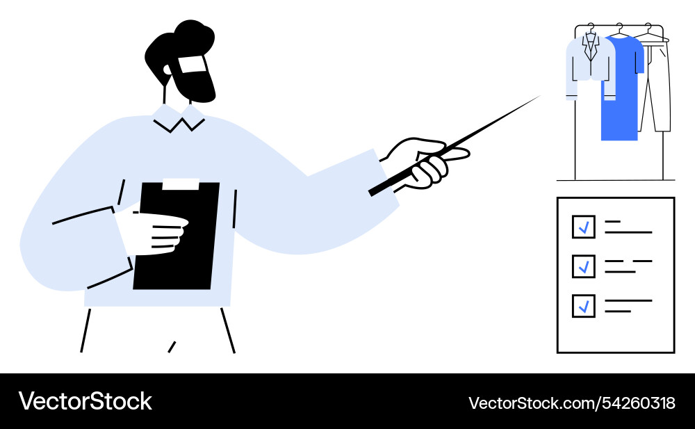 Man holding clipboard and pointer with clothing Man holding clipboard and pointer with clothing vector image