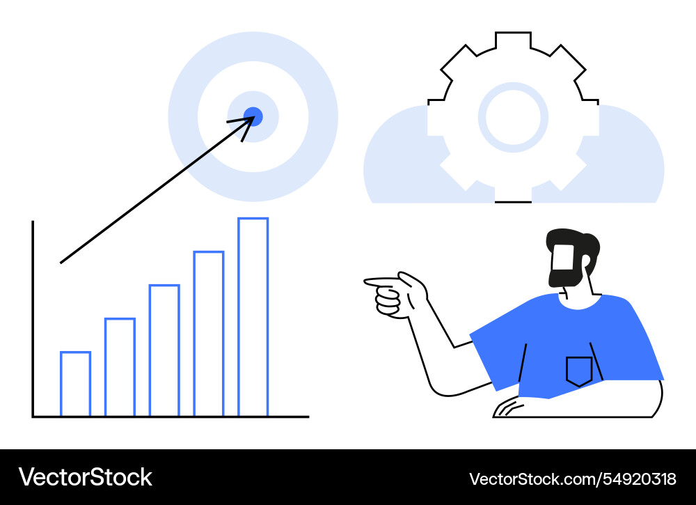 Man pointing at growth chart bullseye target Man pointing at growth chart bullseye target vector image