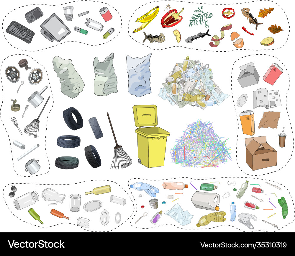 Large set sorted garbage on white background Large set sorted garbage on white background vector image