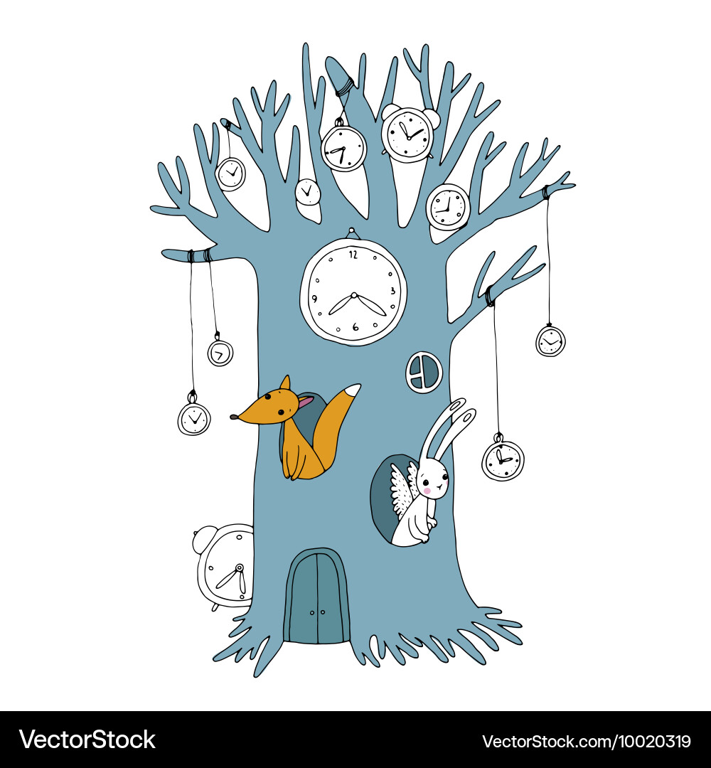 Magic Clock Tree with Fox and Hare vector image