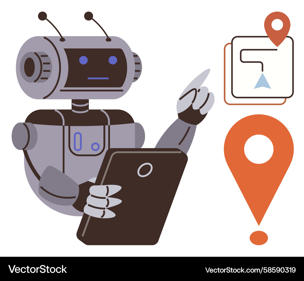 Robot navigating with tablet and digital map Vector Image