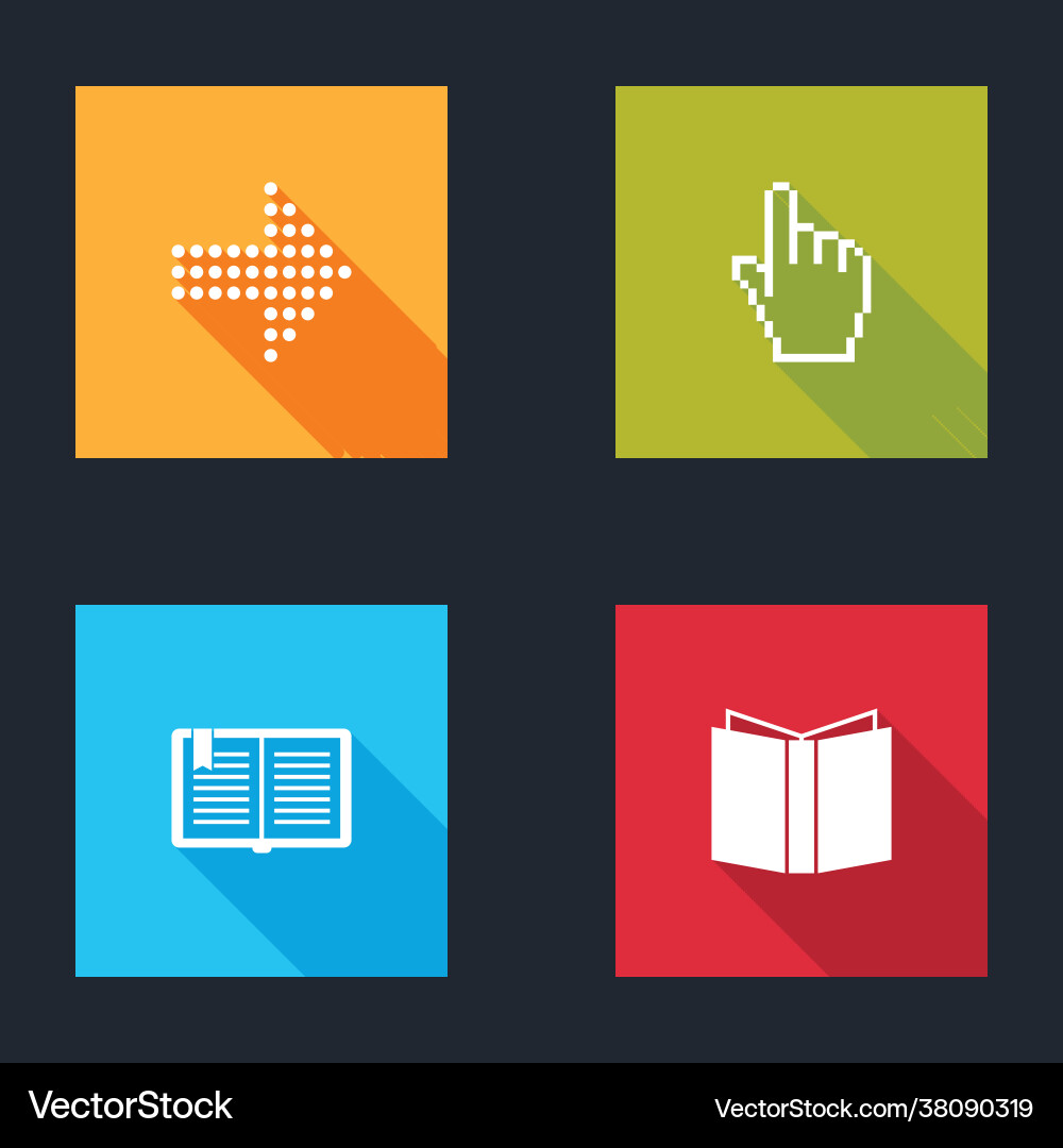 Set dots arrow pixel hand cursor open book Set dots arrow pixel hand cursor open book vector image