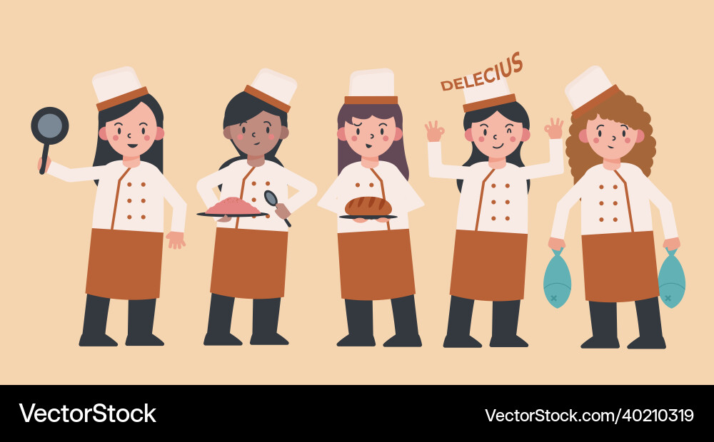 Set of female chef character in different actions Set of female chef character in different actions Vector Image