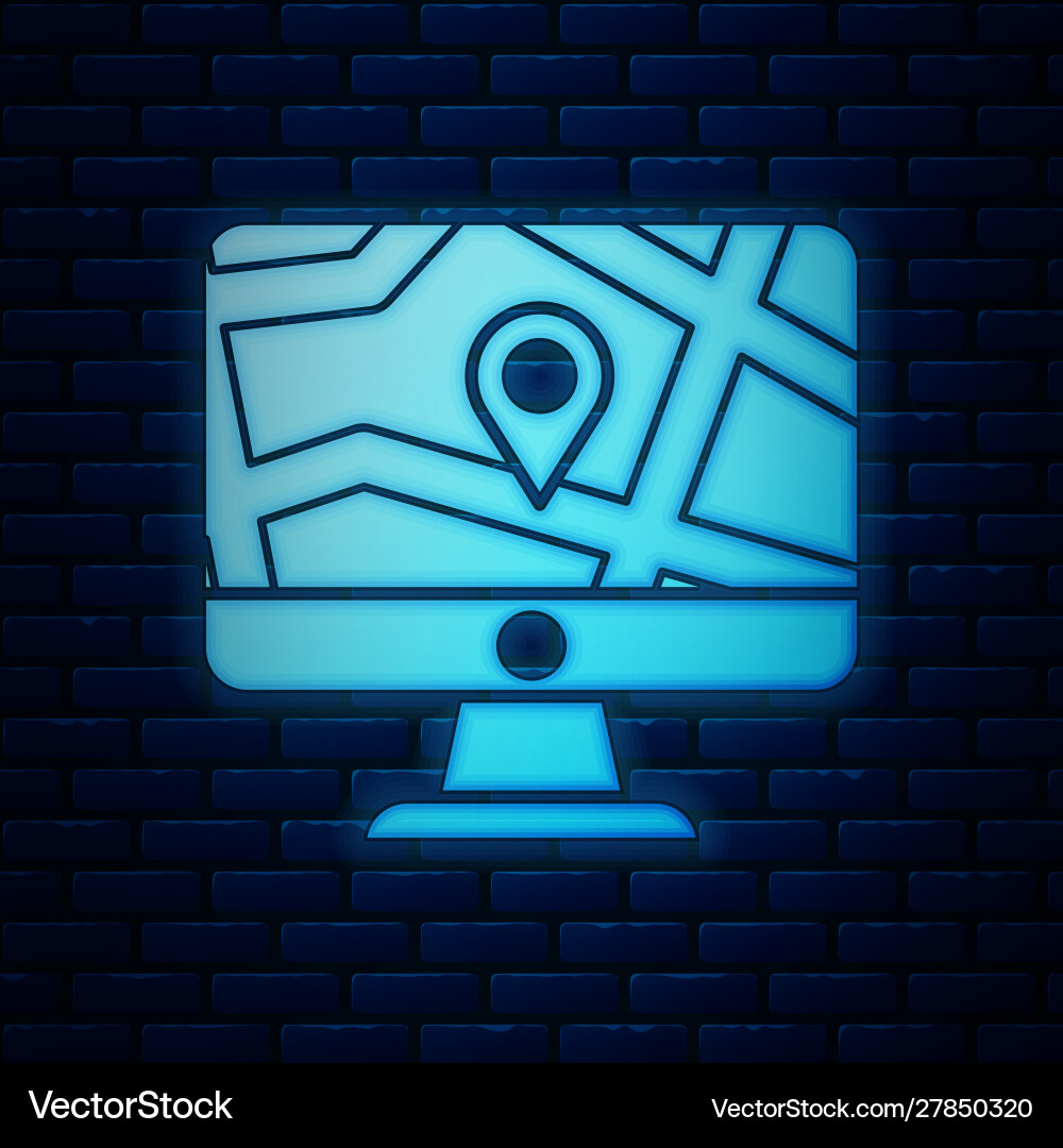 Glowing neon computer monitor and folded map Glowing neon computer monitor and folded map Vector Image