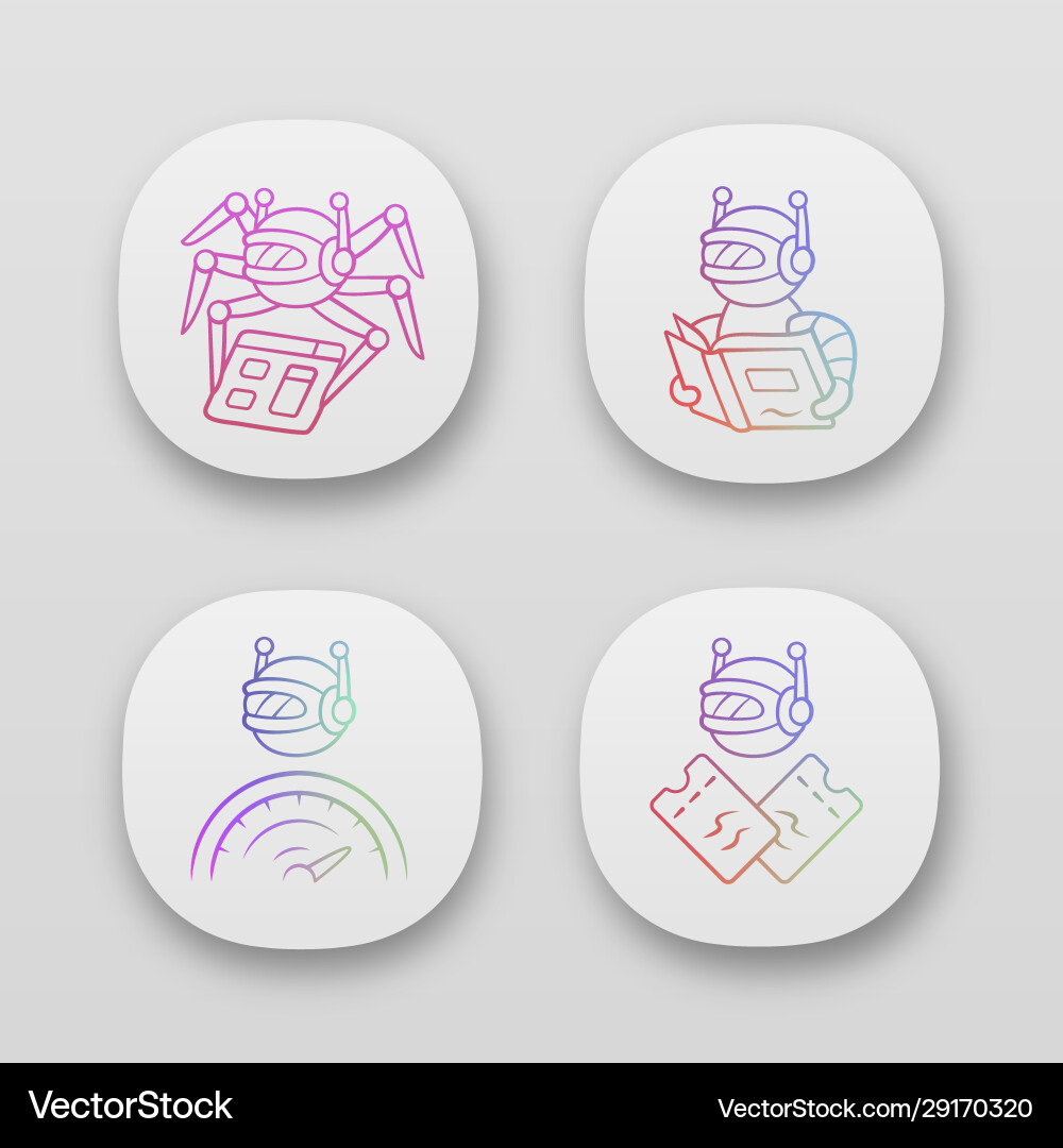 Internet bots app icons set crawler text-reading Internet bots app icons set crawler text-reading vector image
