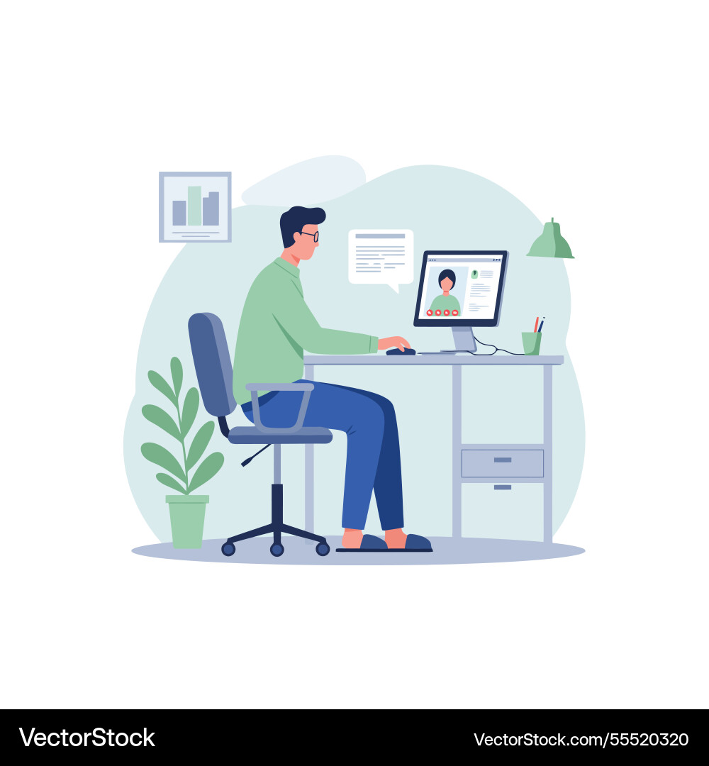 Man attending online meeting on computer from Man attending online meeting on computer from Vector Image
